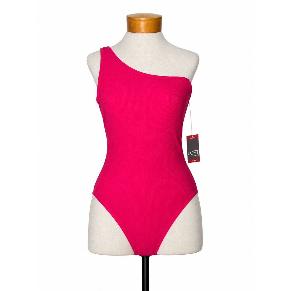 LOFT Hot Pink Ribbed One Shoulder One Piece Swimsuit Bathing Suit NWT Size XL